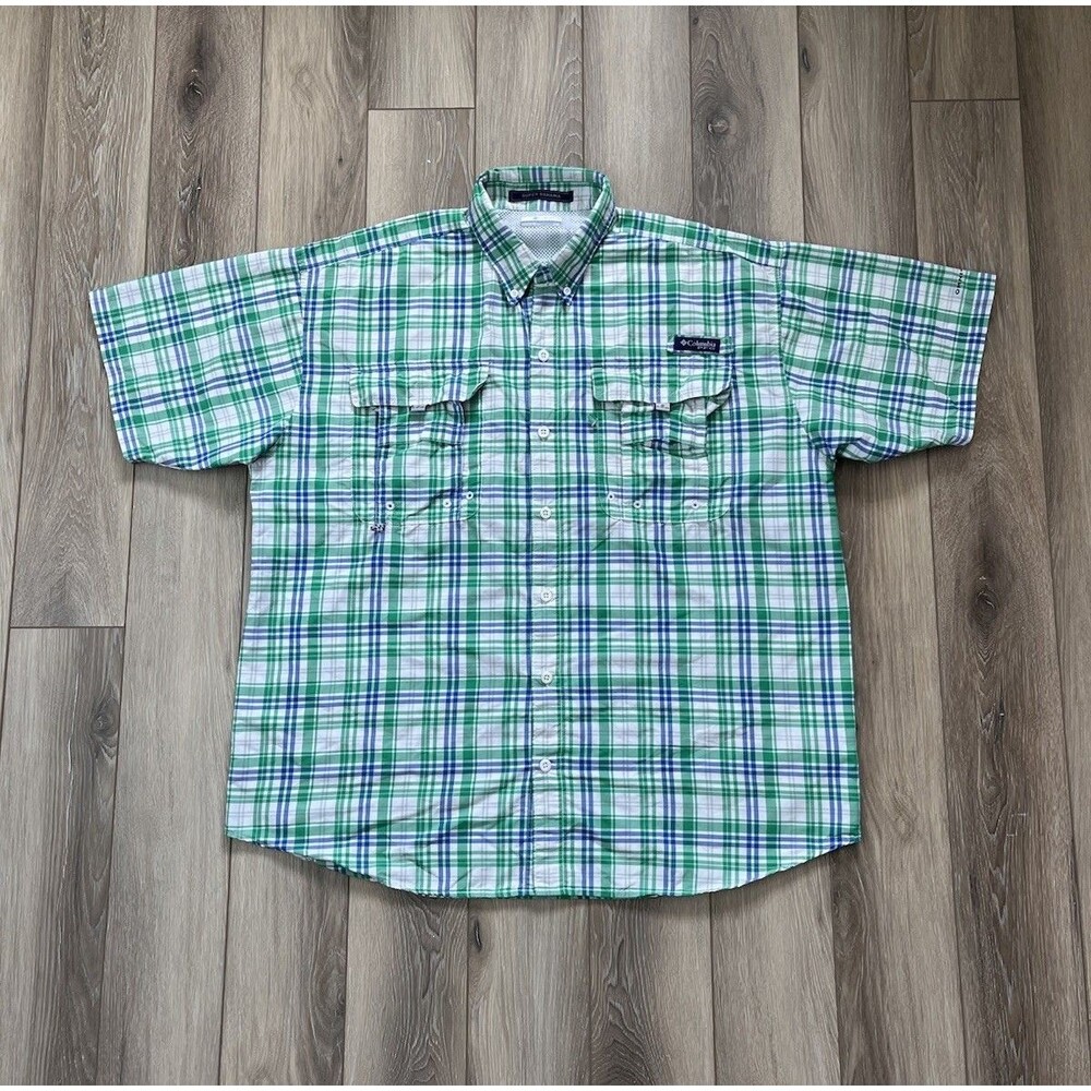 Columbia Men's PFG Super Bahama Short Sleeve Plaid Button Down Shirt Size Large